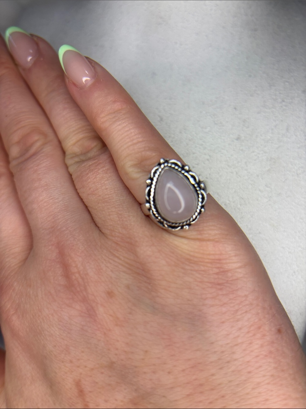 Silver Teardrop Rose Quartz Ring - Pink Stone